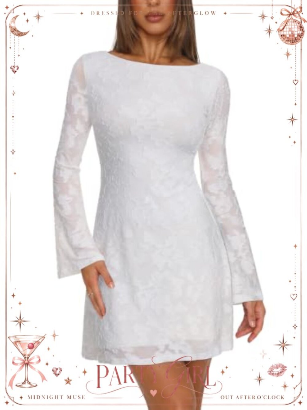 Women's Mesh Bell Long Sleeve Mini Dress Boat Neck Formal Party